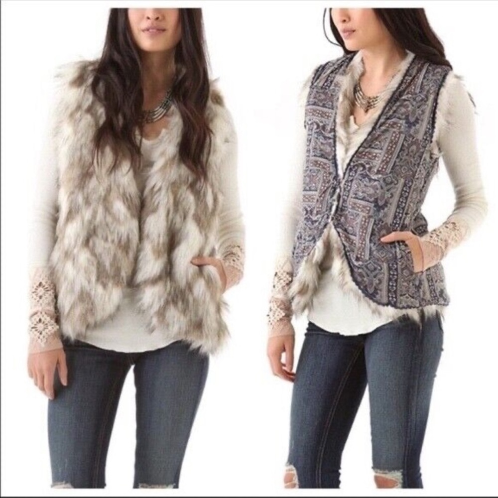 Free People Reversible Faux Fur and Patterned Vest - Cream and Blue